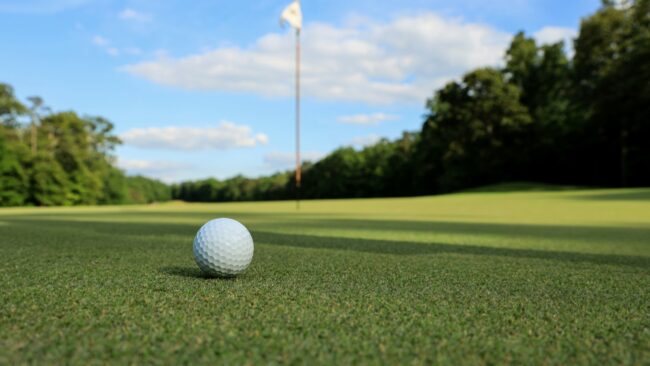 a golf ball sitting on top of a green field