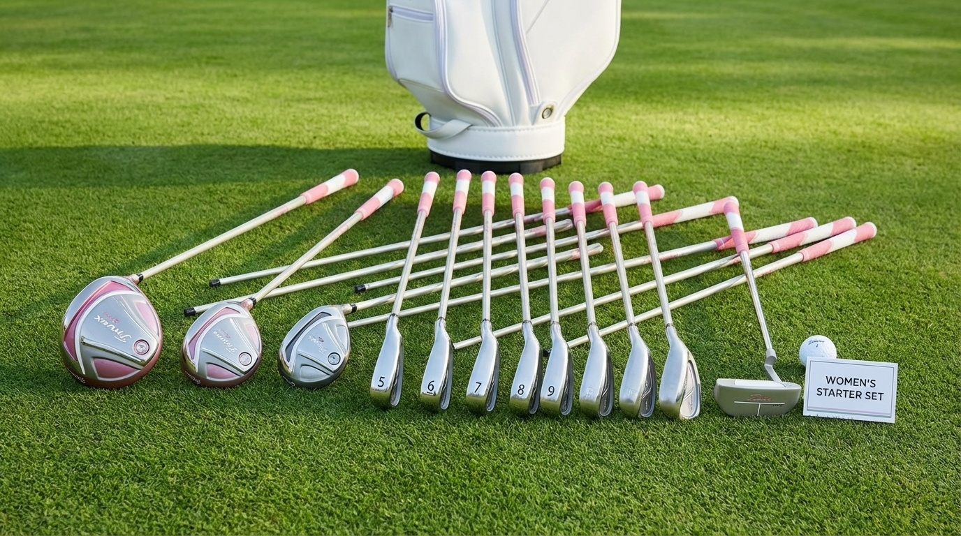 Complete women's golf club set professionally displayed showing driver, fairway woods, hybrids, irons, wedges, and putter designed specifically for women golfers - beginner starter set guide