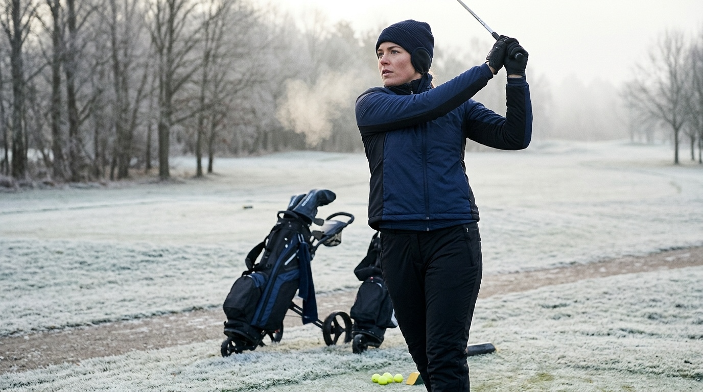 Female golfer practicing in winter conditions wearing cold-weather golf attire including windproof jacket, thermal layers, and winter gloves on frost-covered golf course - year-round golf training tips for women