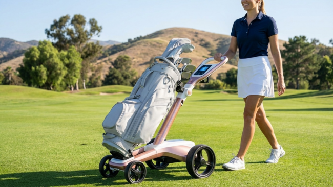 Modern electric golf trolley with sleek design carrying women's golf clubs on pristine fairway, female golfer walking alongside demonstrating effortless mobility and convenience on the golf course