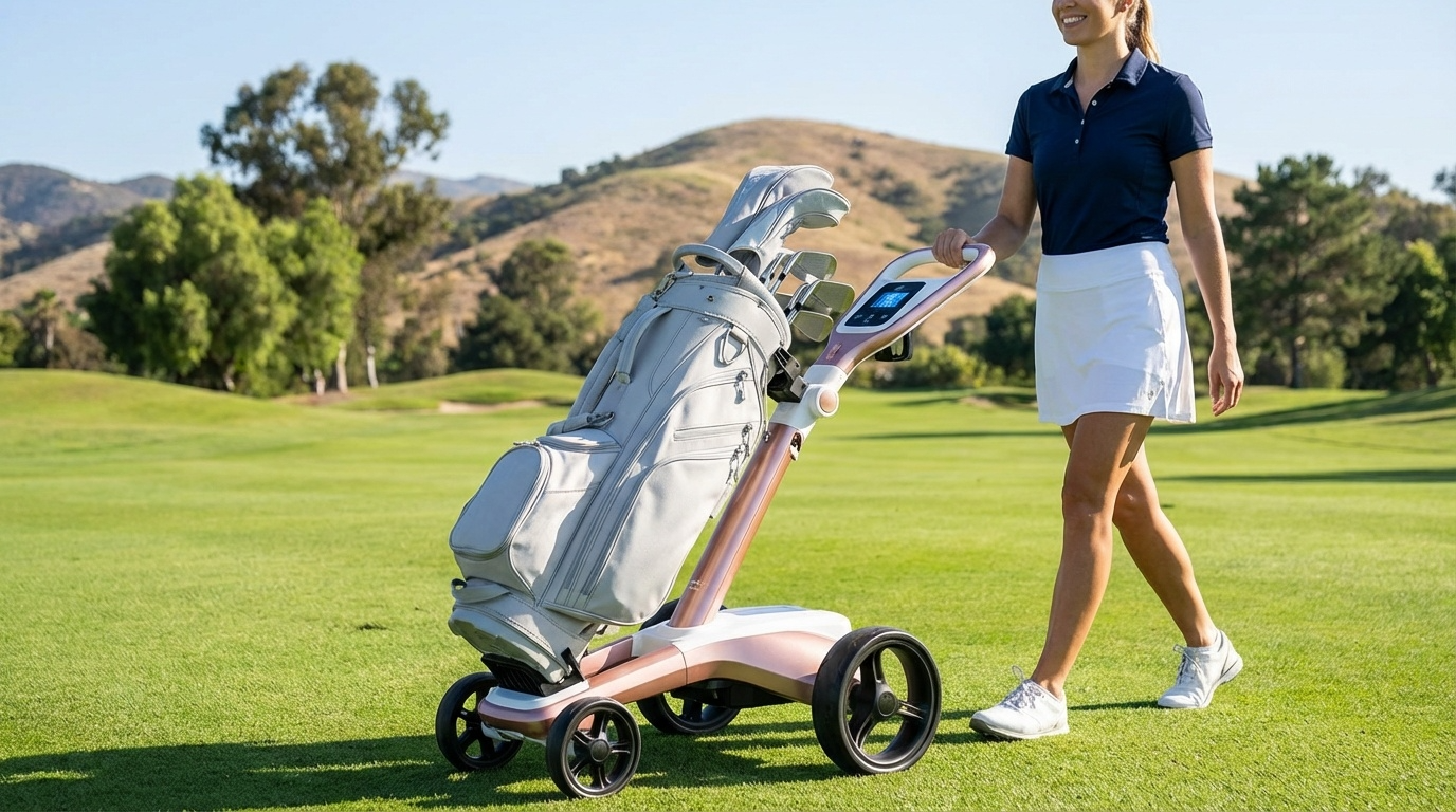 Modern electric golf trolley with sleek design carrying women's golf clubs on pristine fairway, female golfer walking alongside demonstrating effortless mobility and convenience on the golf course