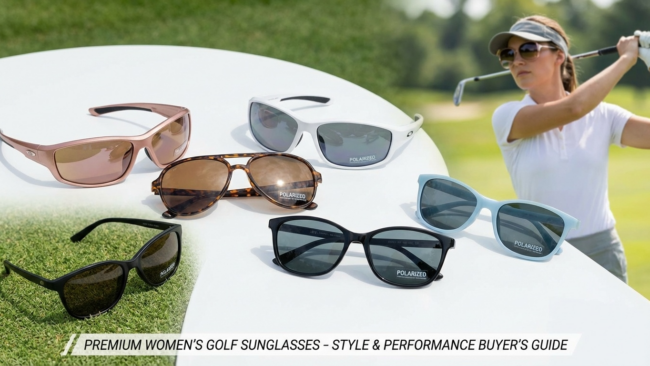 Collection of stylish polarized golf sunglasses for women displayed showing various feminine frame styles including wraparound, aviator, and modern designs in rose gold, tortoiseshell, and pastel colors - buyer's guide to premium golf eyewear with UV protection