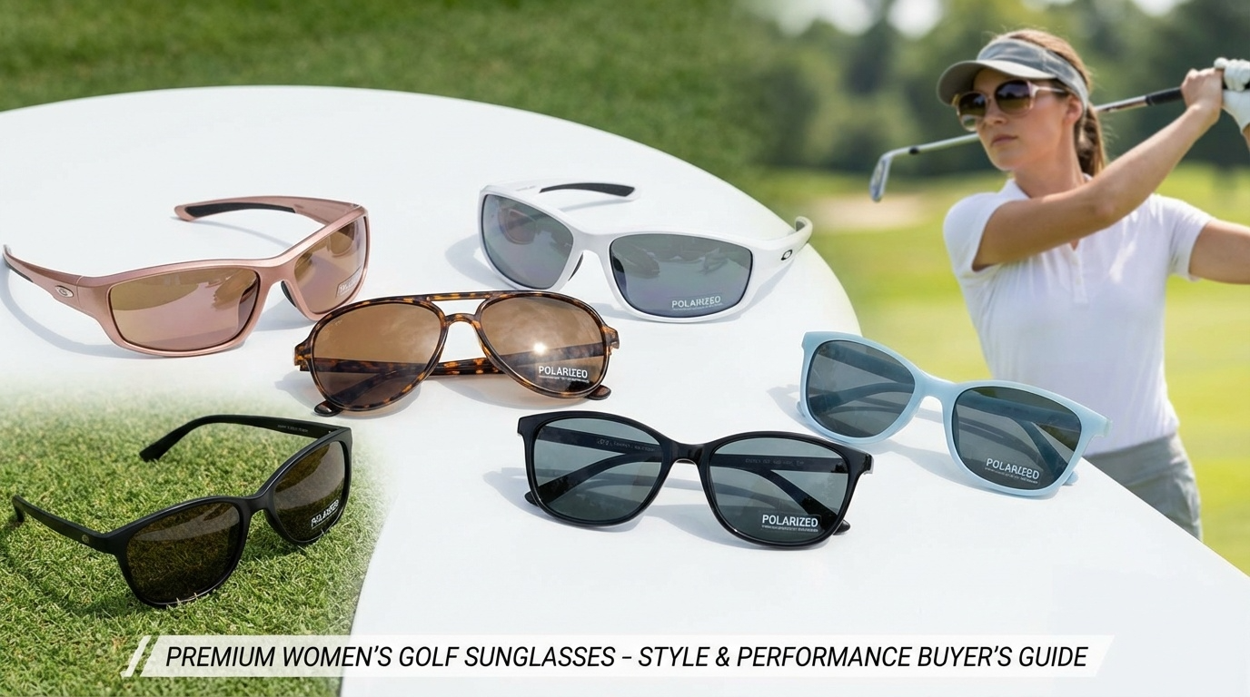 Collection of stylish polarized golf sunglasses for women displayed showing various feminine frame styles including wraparound, aviator, and modern designs in rose gold, tortoiseshell, and pastel colors - buyer's guide to premium golf eyewear with UV protection