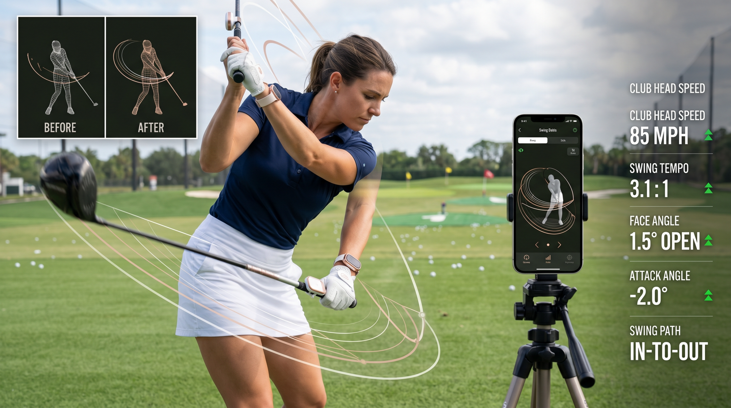 Woman golfer using swing analyzer sensors with smartphone showing real-time metrics and 3D swing path on driving range