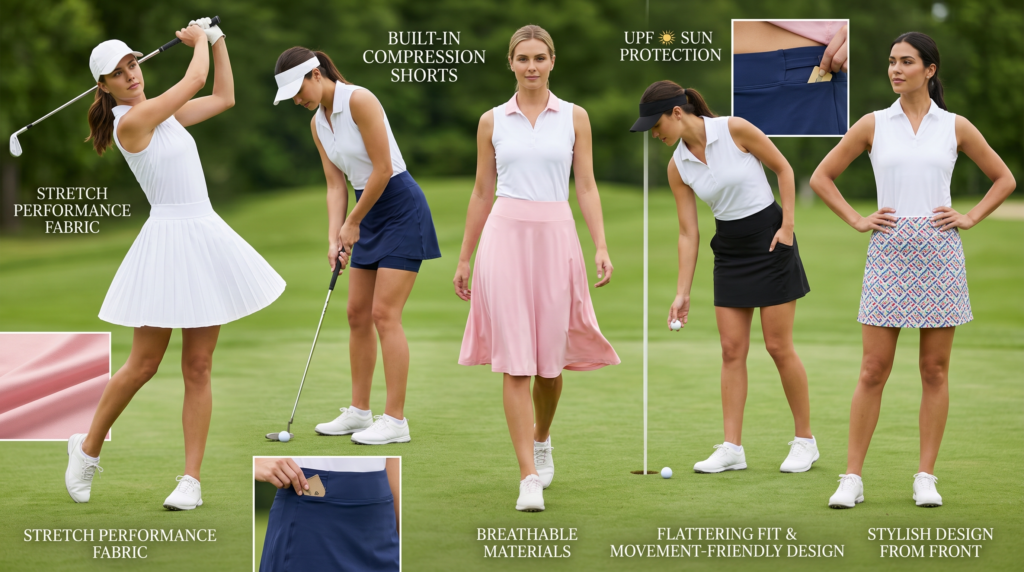 Collection of women's golf skirts in white, navy, pink and black with performance fabrics and built-in shorts on golf course