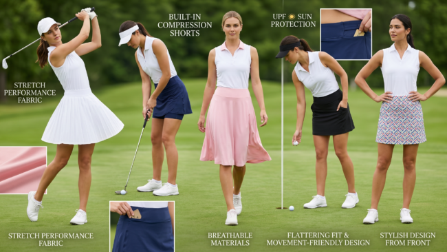 Collection of women's golf skirts in white, navy, pink and black with performance fabrics and built-in shorts on golf course
