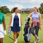 Plus size women in stylish flattering golf outfits including polos, skorts and dresses on golf course with confident poses