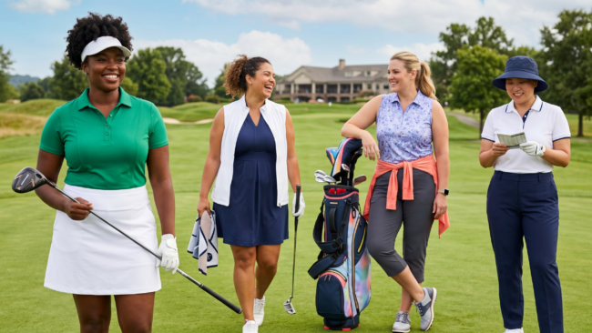 Plus size women in stylish flattering golf outfits including polos, skorts and dresses on golf course with confident poses