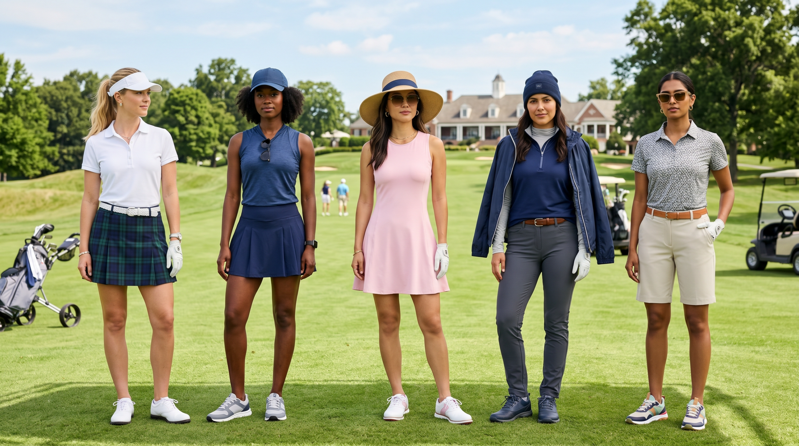 Five stylish women's golf outfit combinations from preppy to athletic styles with coordinated accessories on golf course