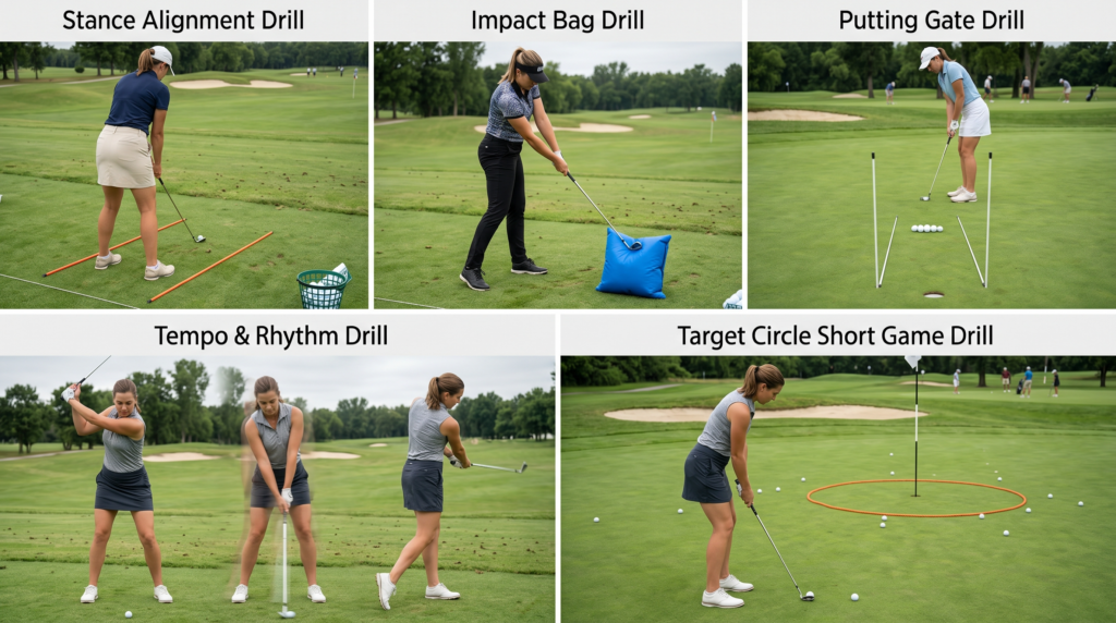 Women demonstrating five golf practice drills: alignment sticks, impact bag, putting gates, tempo and target training