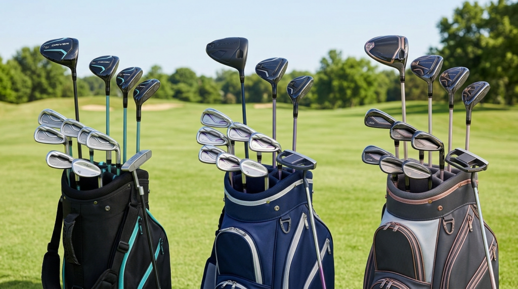 Three complete women's beginner golf club sets displayed showing budget, mid-range, and premium options