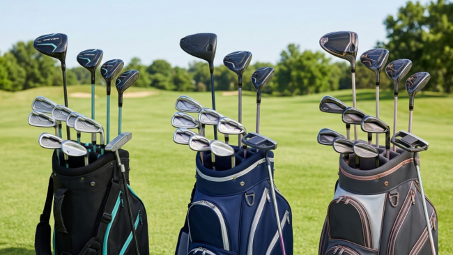 Three complete women's beginner golf club sets displayed showing budget, mid-range, and premium options