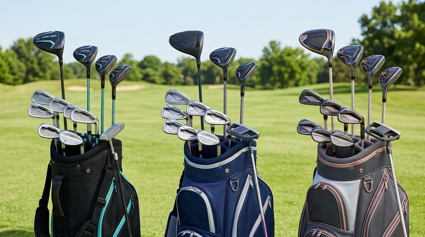 Three complete women's beginner golf club sets displayed showing budget, mid-range, and premium options