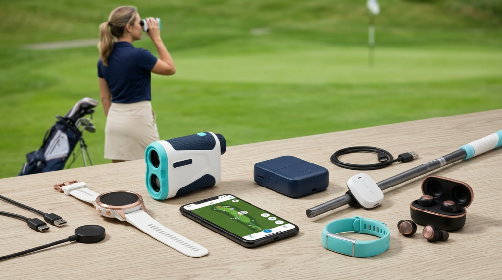 Modern golf tech accessories including GPS watch, rangefinder, smartphone, and sensors for women golfers