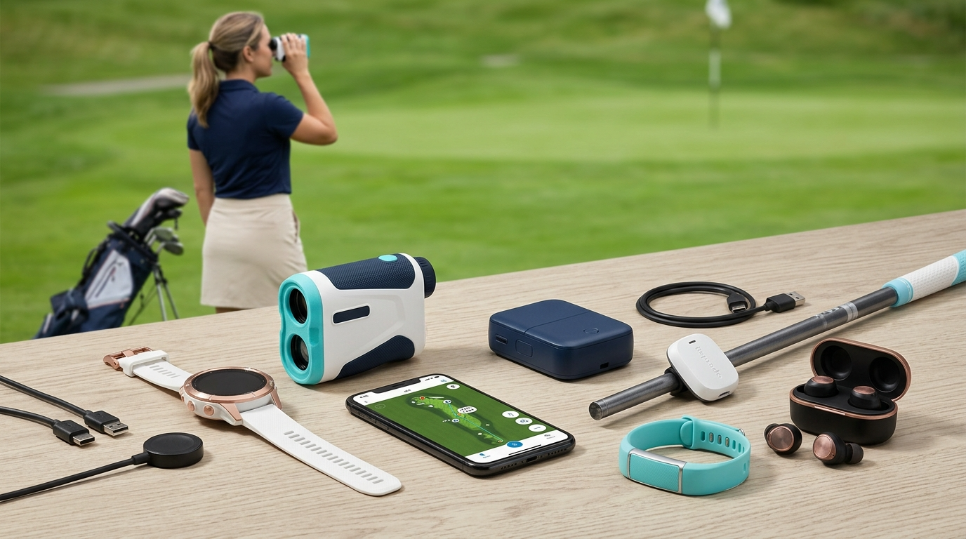 Modern golf tech accessories including GPS watch, rangefinder, smartphone, and sensors for women golfers