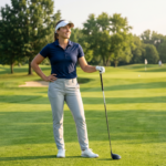 Confident woman golfer with determined posture and focused expression on sunny fairway demonstrating self-belief and strength