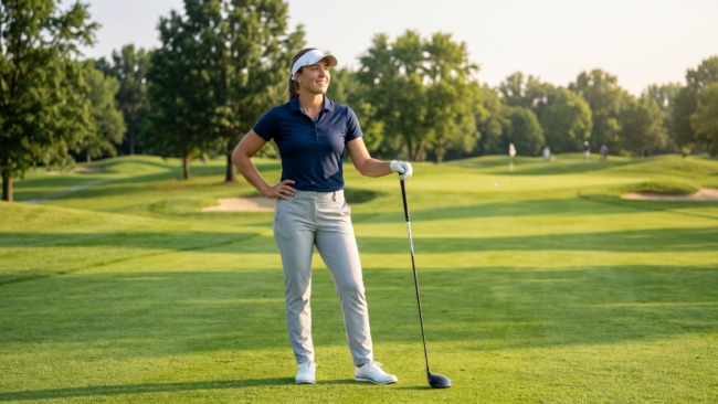 Confident woman golfer with determined posture and focused expression on sunny fairway demonstrating self-belief and strength