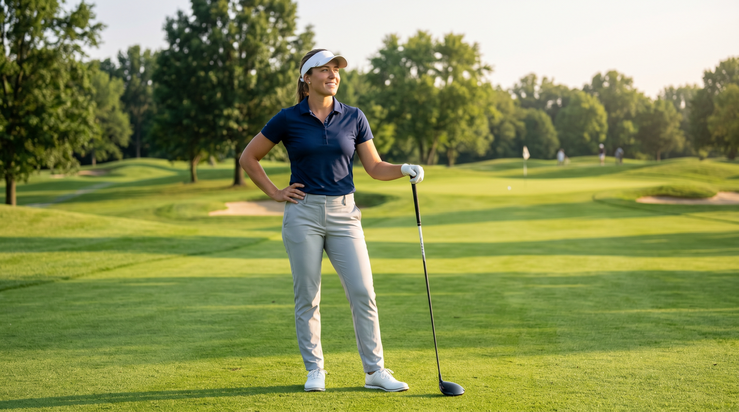 Confident woman golfer with determined posture and focused expression on sunny fairway demonstrating self-belief and strength
