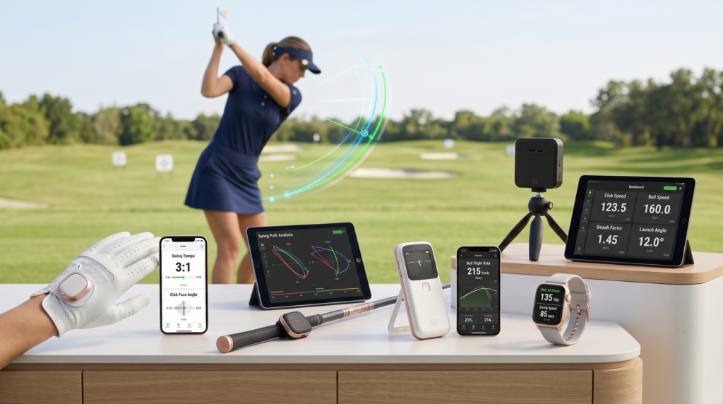 Collection of golf swing analyzer devices including wearable sensors, launch monitors and smart tech on driving range