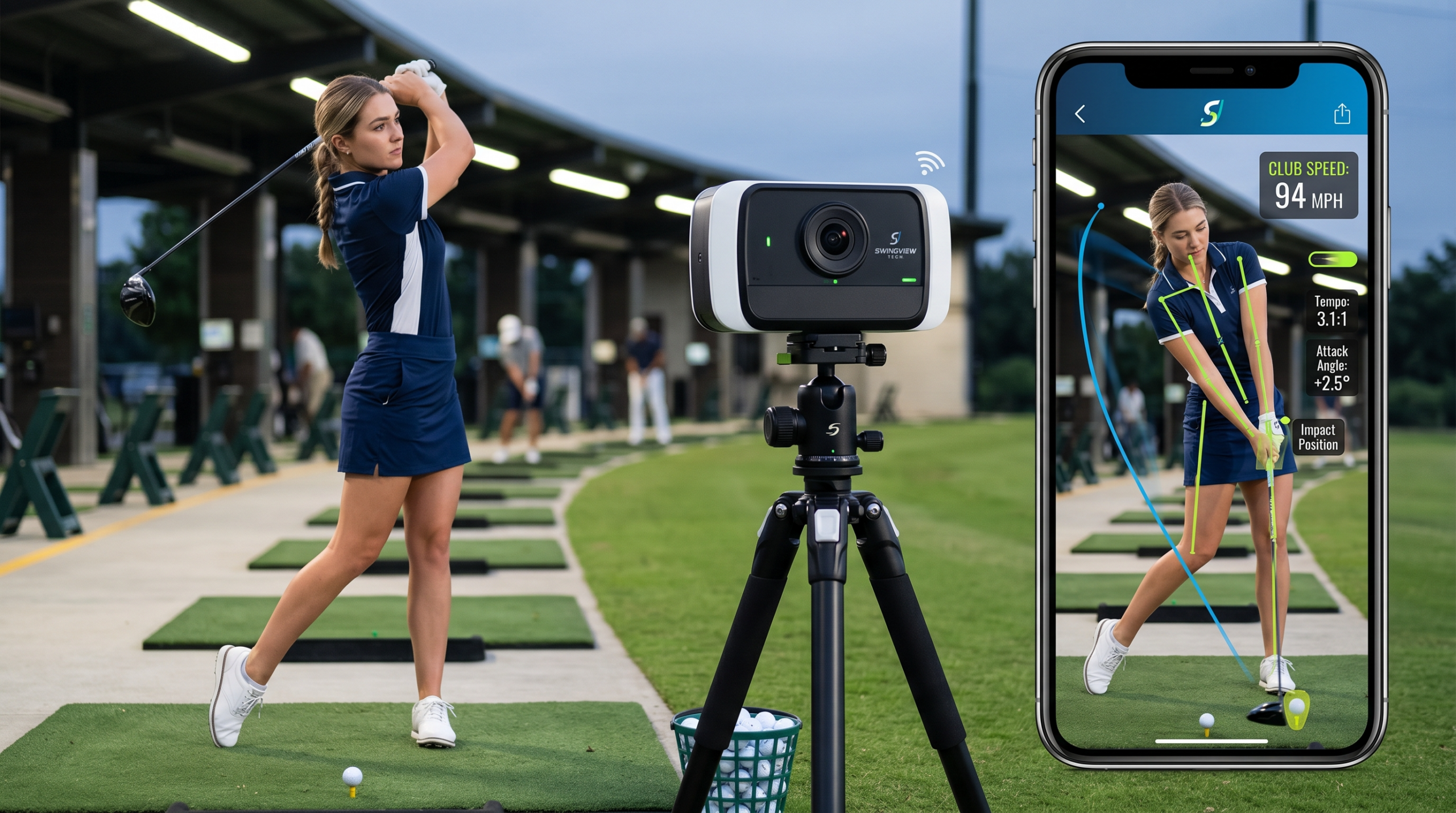 Golf swing camera on tripod capturing woman's form with mobile app displaying motion tracking and swing analysis overlay