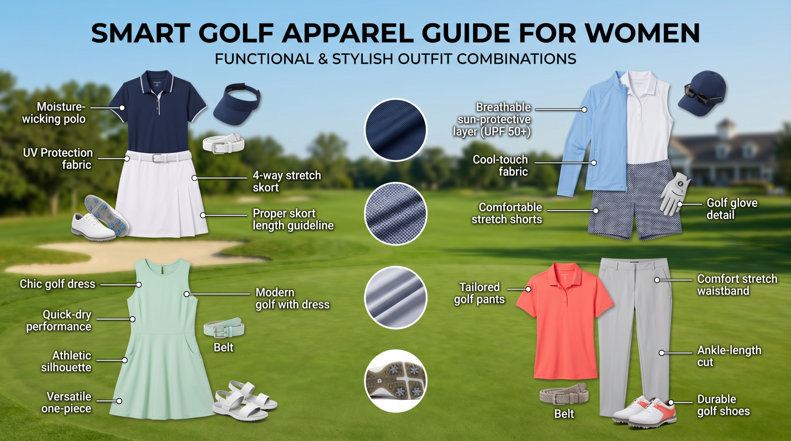 Women's golf apparel guide showing stylish moisture-wicking outfits, skorts, sun protection, and proper footwear on course