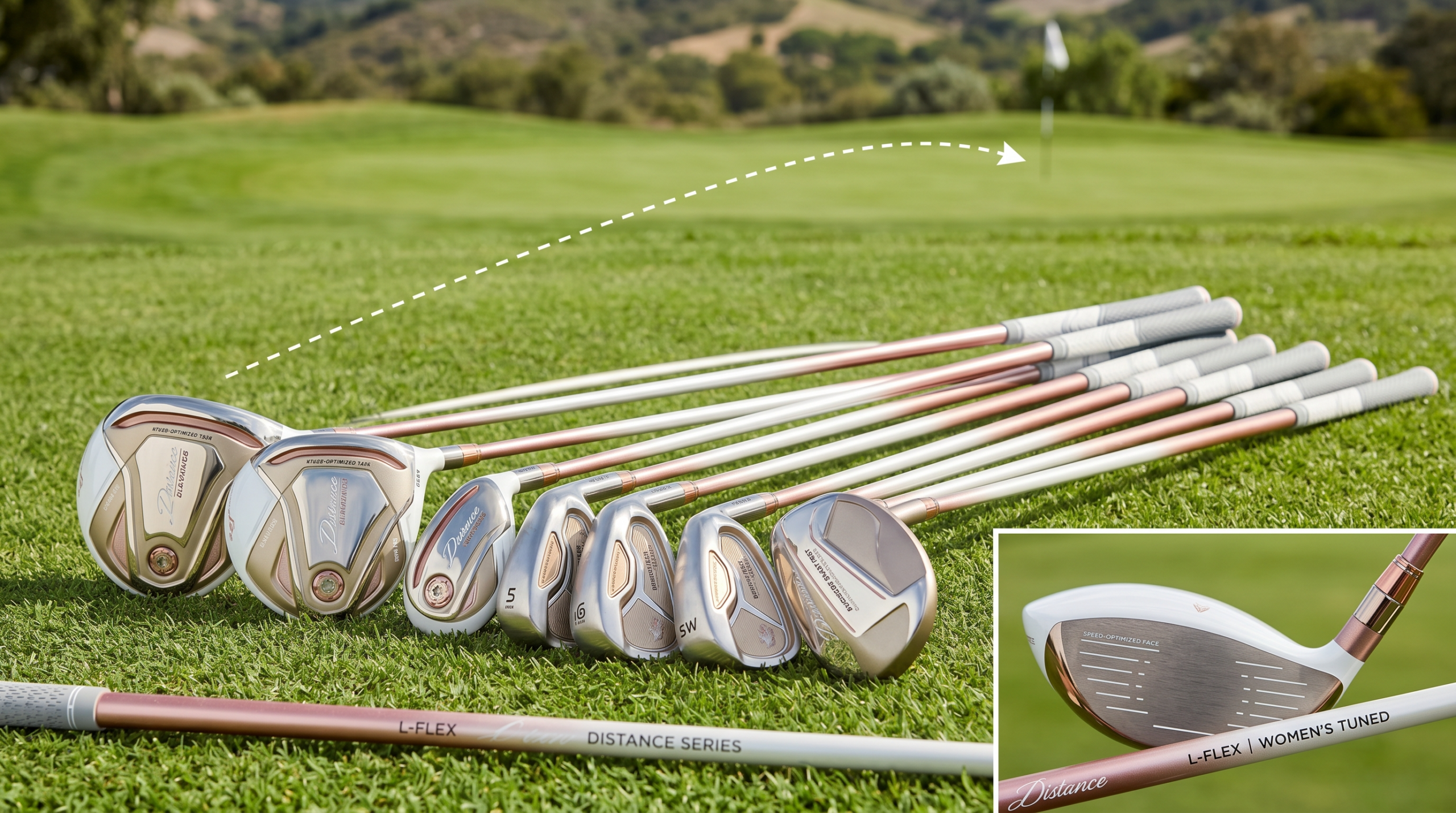 Women's distance golf clubs with lightweight shafts and aerodynamic heads for longer, straighter shots on green fairway