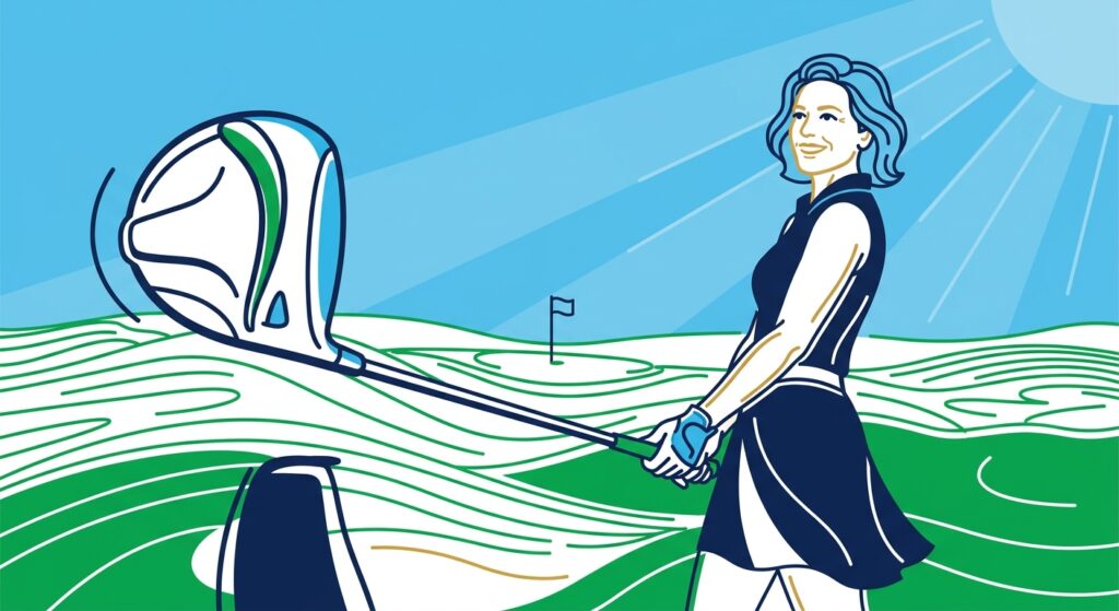 She Golfs Better: Smiling woman golfer, over 40, holding a driver on a sunny golf course, perfect for women's golf clubs.
