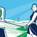 She Golfs Better: Smiling woman golfer, over 40, holding a driver on a sunny golf course, perfect for women's golf clubs.