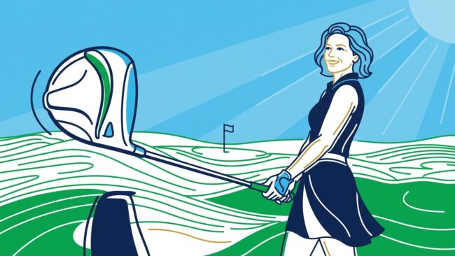 She Golfs Better: Smiling woman golfer, over 40, holding a driver on a sunny golf course, perfect for women's golf clubs.