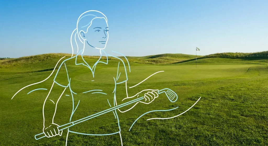 She Golfs Better: Outline of a woman golfer holding a club on a green golf course, symbolizing confident play and overcoming