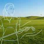 She Golfs Better: Outline of a woman golfer holding a club on a green golf course, symbolizing confident play and overcoming