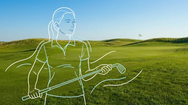 She Golfs Better: Outline of a woman golfer holding a club on a green golf course, symbolizing confident play and overcoming