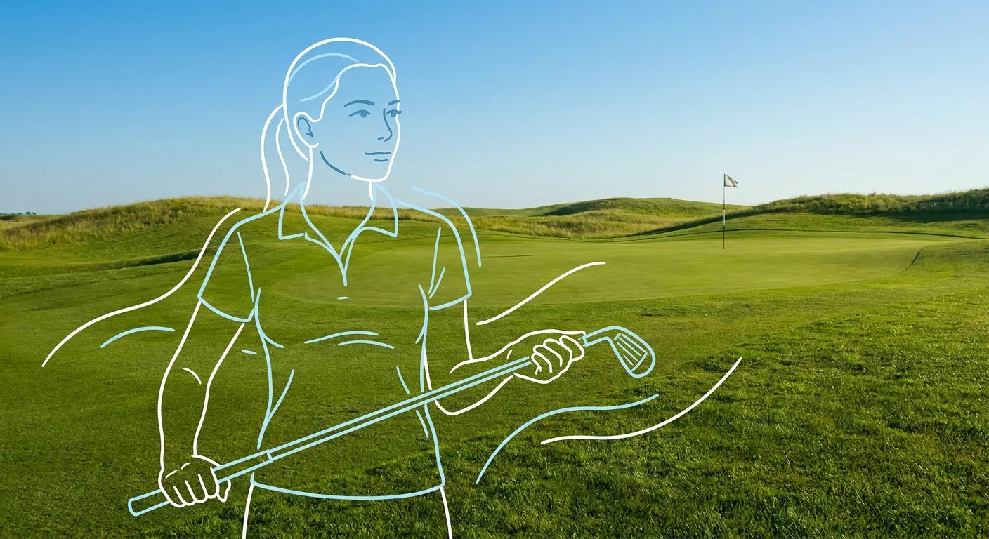 She Golfs Better: Outline of a woman golfer holding a club on a green golf course, symbolizing confident play and overcoming