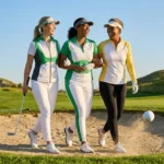 She Golfs Better: Three diverse women golfers smiling, walking arm-in-arm on a green course, embodying the joy of women's gol
