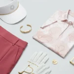 She Golfs Better women's golf apparel featuring a pink skort, floral polo, visor, and gloves for stylish performance.