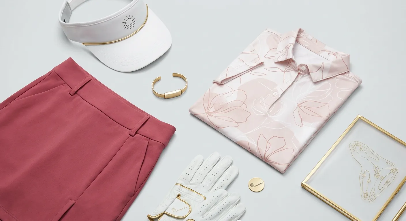 She Golfs Better women's golf apparel featuring a pink skort, floral polo, visor, and gloves for stylish performance.