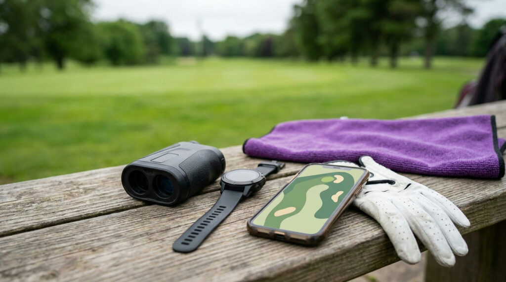Rangefinder, GPS watch and phone arranged with a golf glove on a clubhouse bench