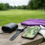 Rangefinder, GPS watch and phone arranged with a golf glove on a clubhouse bench
