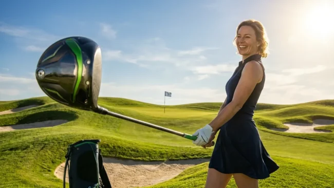 Smiling woman golfer over 40 holding a modern driver on a sunny golf course, showcasing essential golf clubs for women.